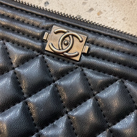 Faux double CC quilted black leather clutch wristlet envelope purse bag silver - Picture 2 of 8